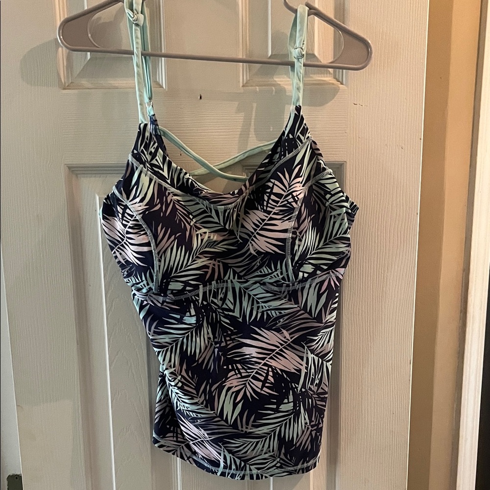 Women’s Tropical Print Tank Top - Navy with Mint Leaf Pattern